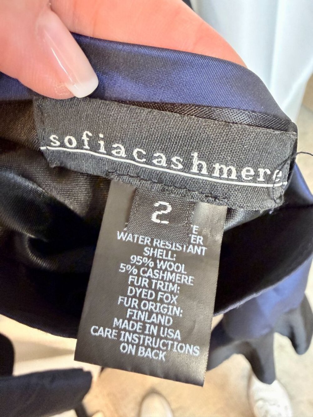 Sofia Cashmere Reversible Car Coat Fox Trimmed Hood Black Blue - Size 2 - Picture 8 of 9